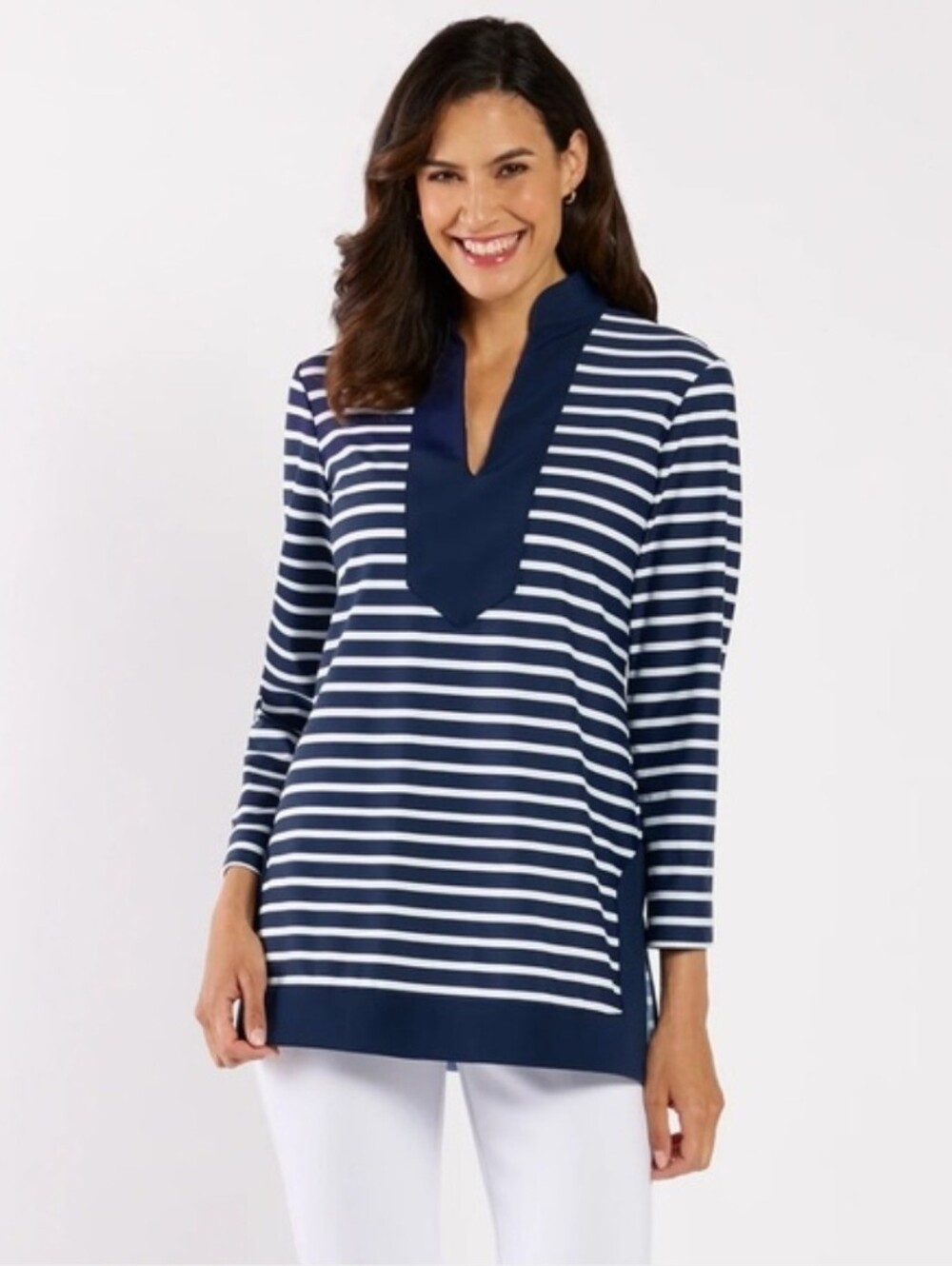 Jude Connally Navy and White Striped V-Neck Tunic XS $188